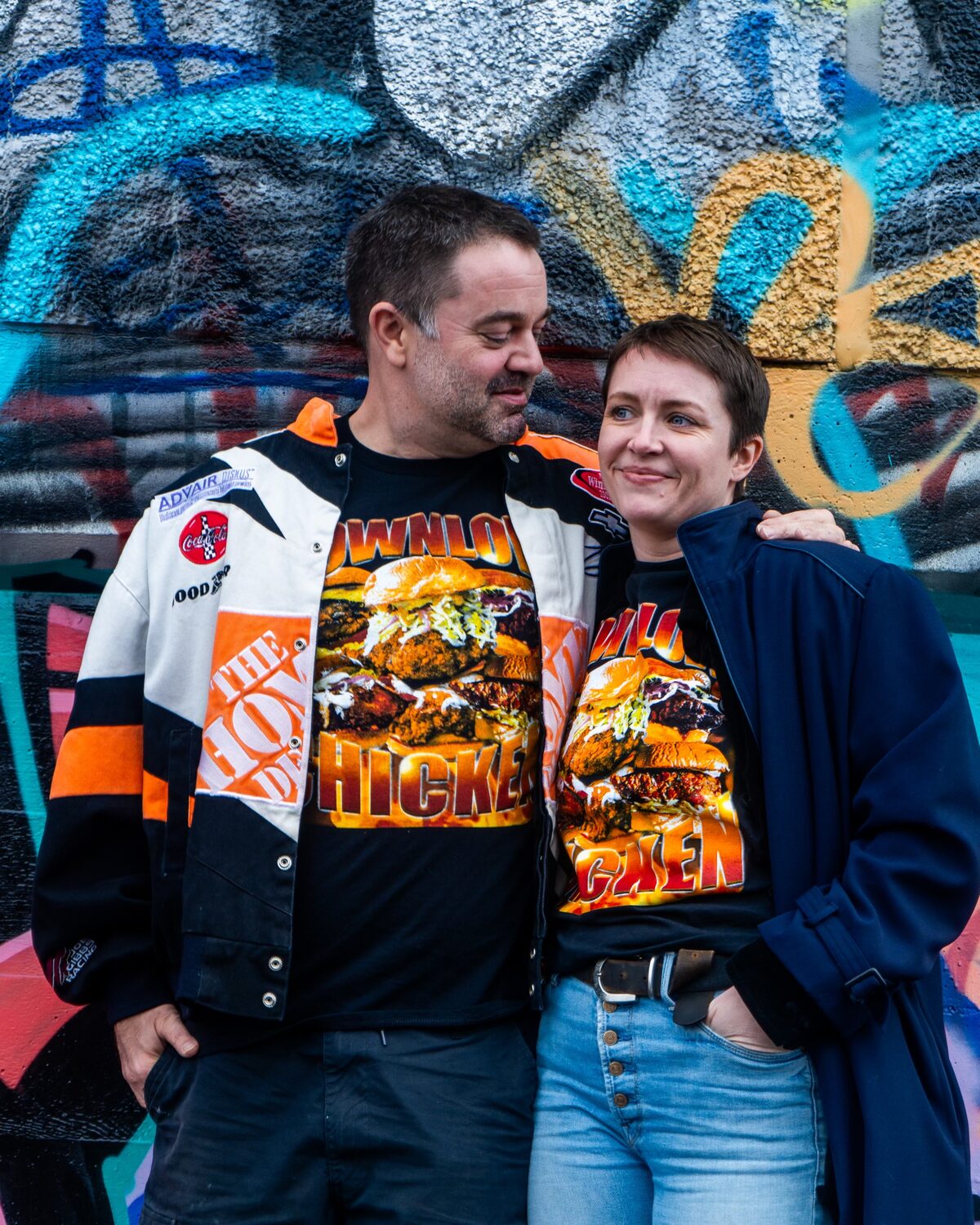 Doug and Lindsey in DownLow chicken t-shirts